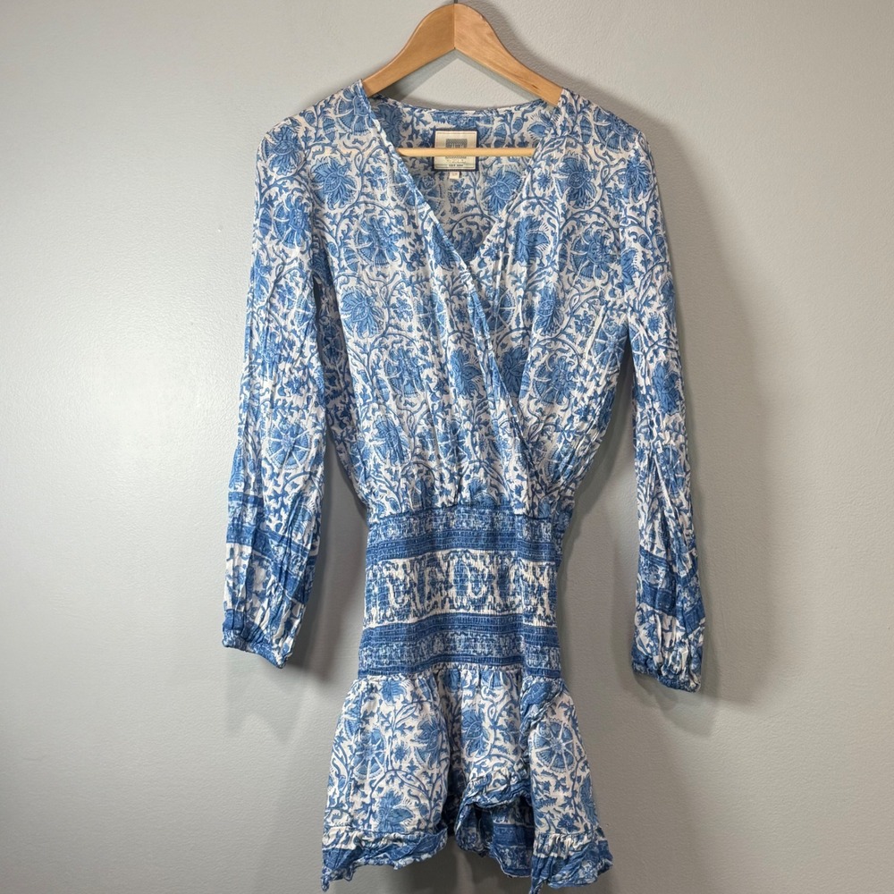 BELL by Alicia Bell Blue White Floral Block Print Silk Cotton Smocked Mini Dress
